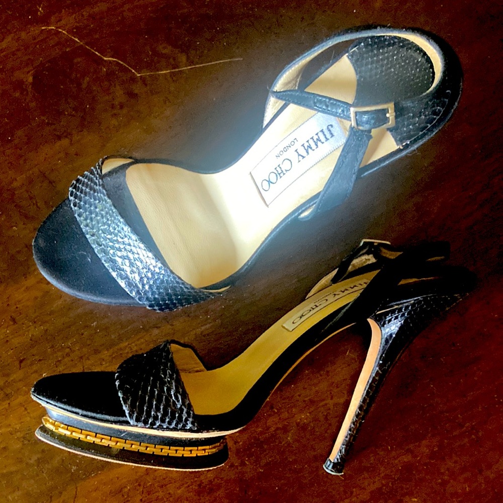 Jimmy Choo stilettos. Size 6. Black snake skin leather. Satin. Gold chain base